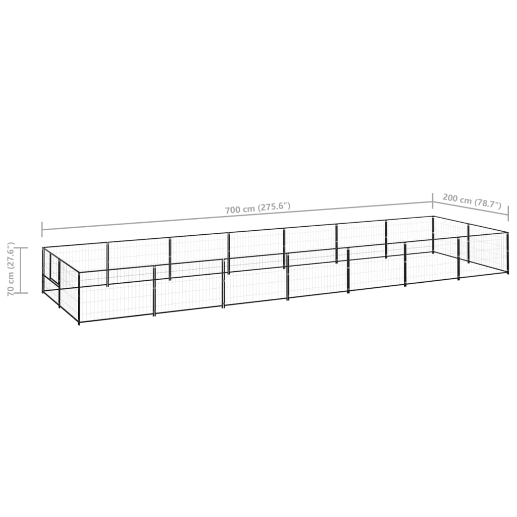 Hondenkennel 14 m² staal zwart 700 x 200 x 70 cm Zwart