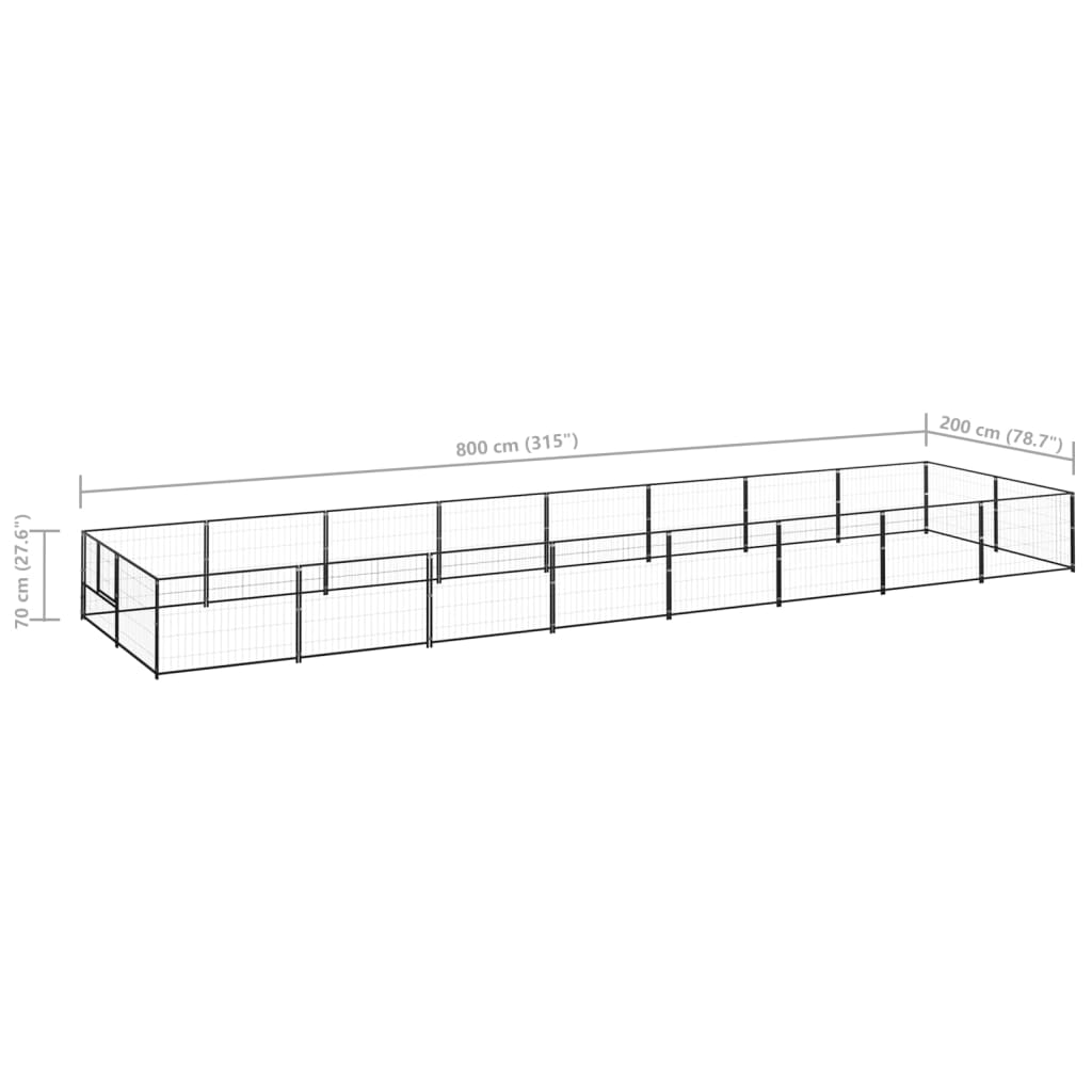 Hondenkennel 16 m² staal zwart 800 x 200 x 70 cm Zwart