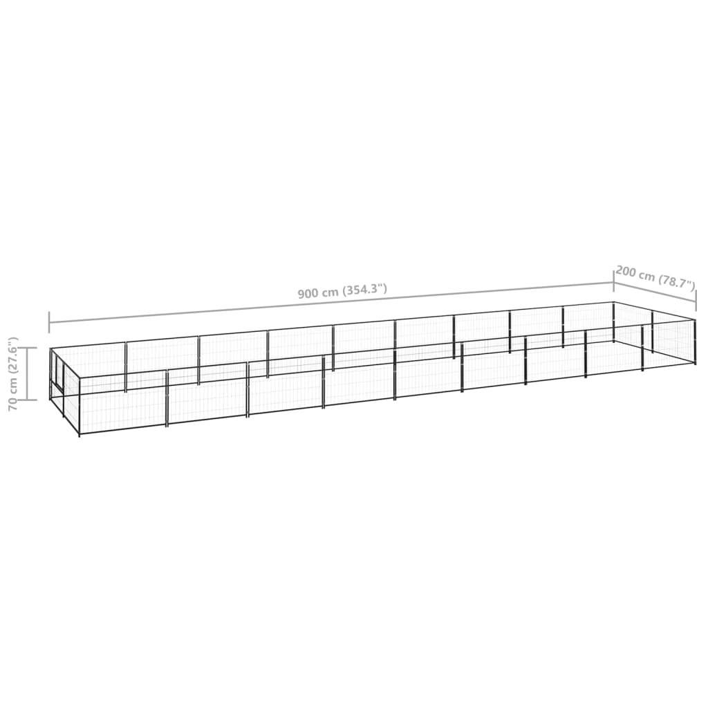 Hondenkennel 18 m² staal zwart 900 x 200 x 70 cm Zwart