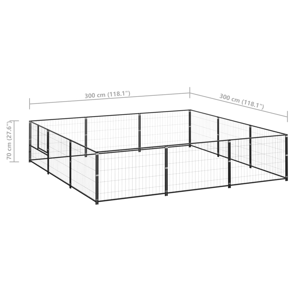 Hondenkennel 9 m² staal zwart 300 x 300 x 70 cm Zwart
