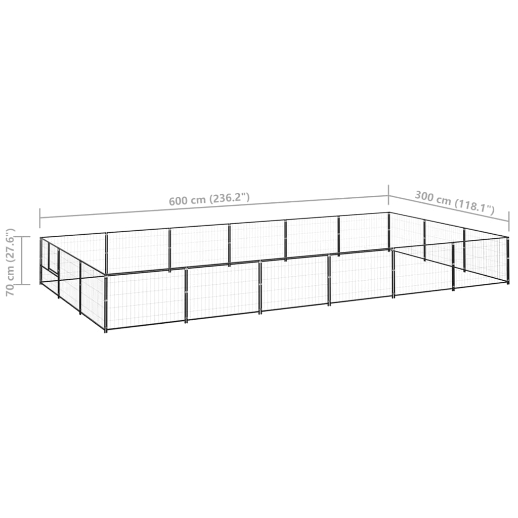 Hondenkennel 18 m² staal zwart 600 x 300 x 70 cm Zwart