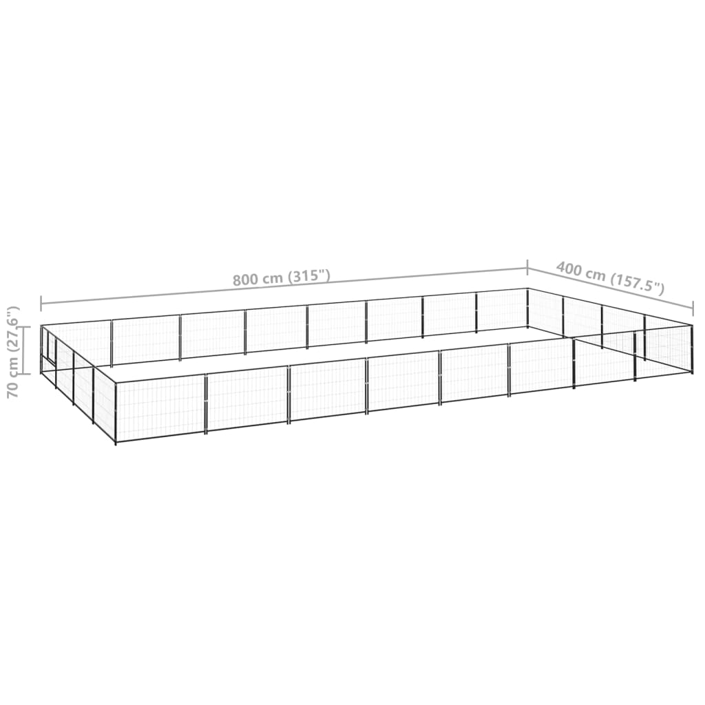 Hondenkennel 32 m² staal zwart 800 x 400 x 70 cm Zwart