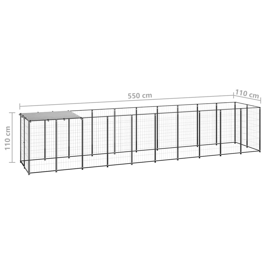 Hondenkennel 6,05 m² staal zwart 550 x 110 x 110 cm Zwart