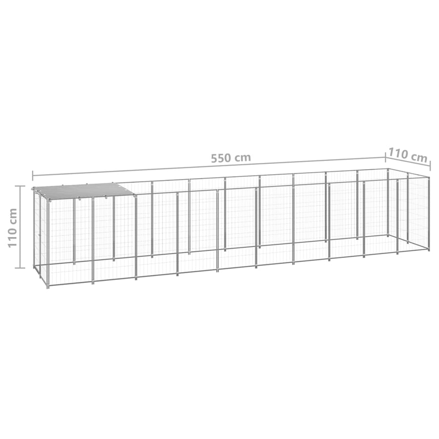 Hondenkennel 6,05 m² staal zilverkleurig 550 x 110 x 110 cm Zilver