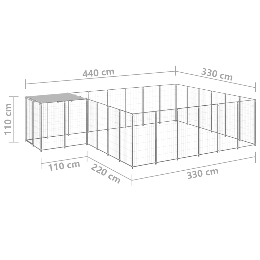Hondenkennel 12,1 m² staal zilverkleurig 12.1 m² Zilver