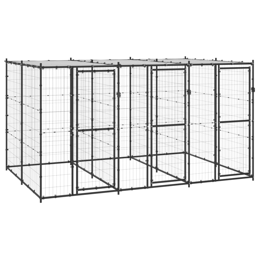 Hondenkennel Met Dak 7,26 M² Staal Zwart En Zilver 330 x 220 x 180 cm