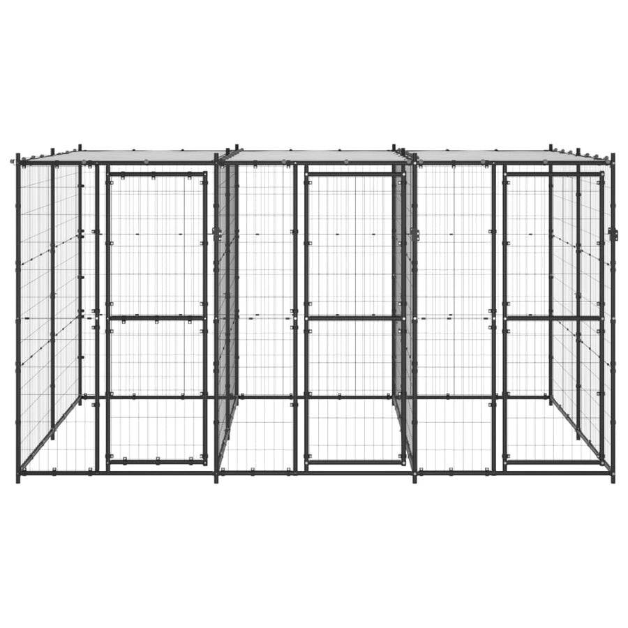 Hondenkennel Met Dak 7,26 M² Staal Zwart En Zilver 330 x 220 x 180 cm