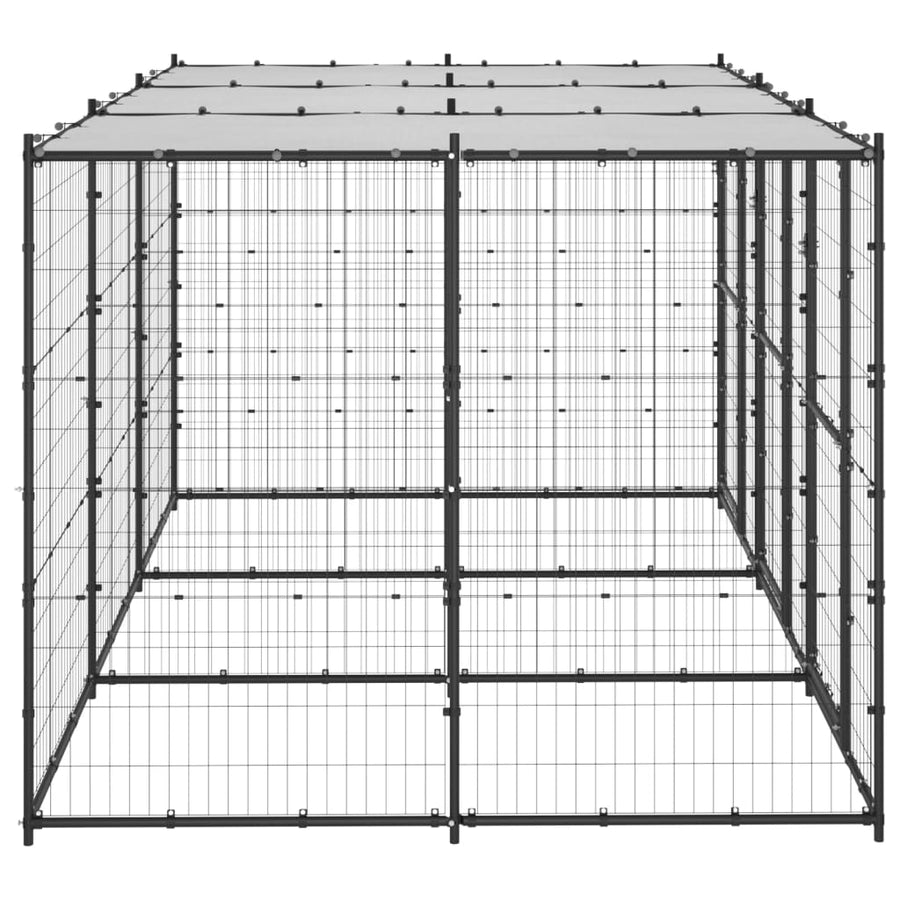 Hondenkennel Met Dak 7,26 M² Staal Zwart En Zilver 330 x 220 x 180 cm