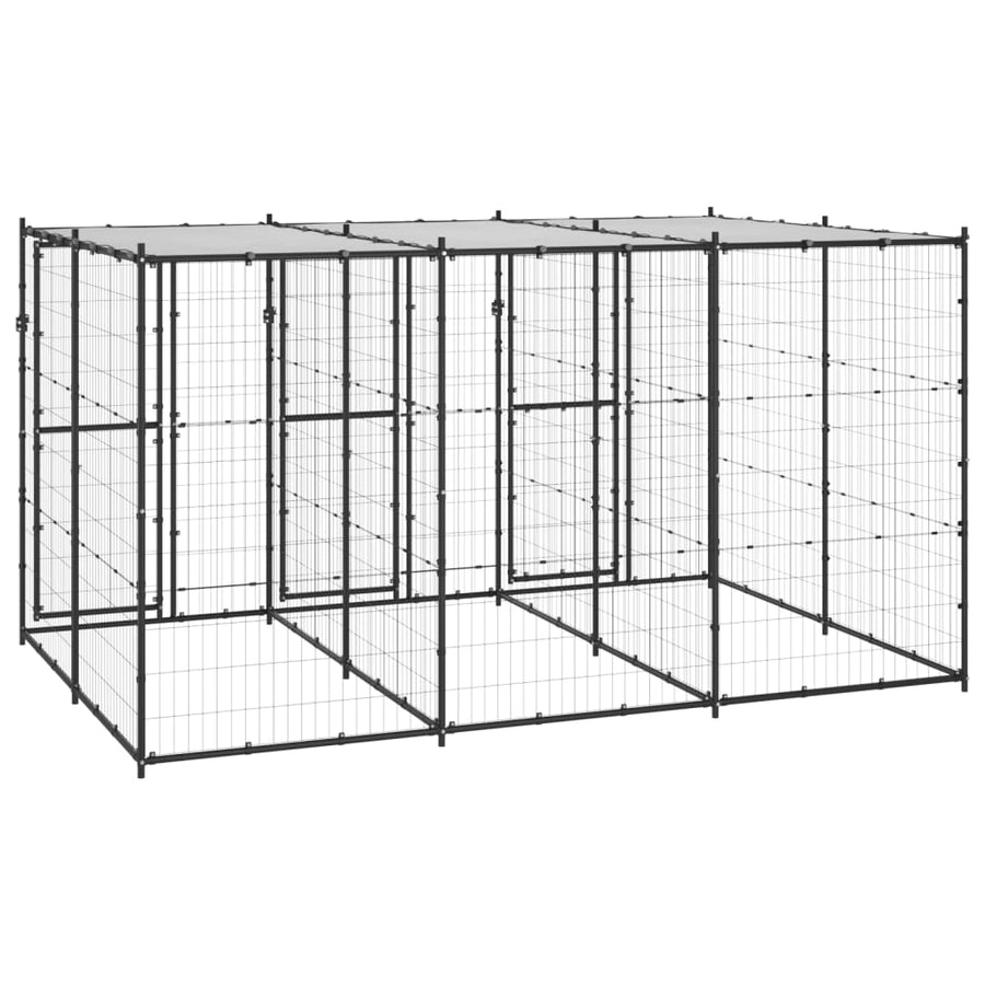 Hondenkennel Met Dak 7,26 M² Staal Zwart En Zilver 330 x 220 x 180 cm
