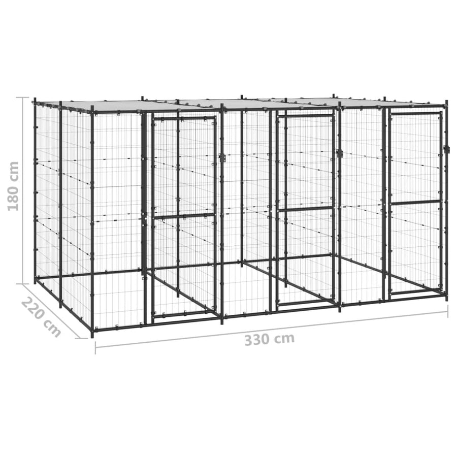 Hondenkennel Met Dak 7,26 M² Staal Zwart En Zilver 330 x 220 x 180 cm