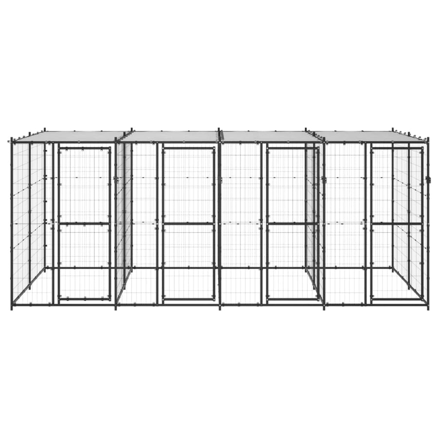 Hondenkennel Met Dak 9,68 M² Staal Zwart En Zilver 440 x 220 x 180 cm