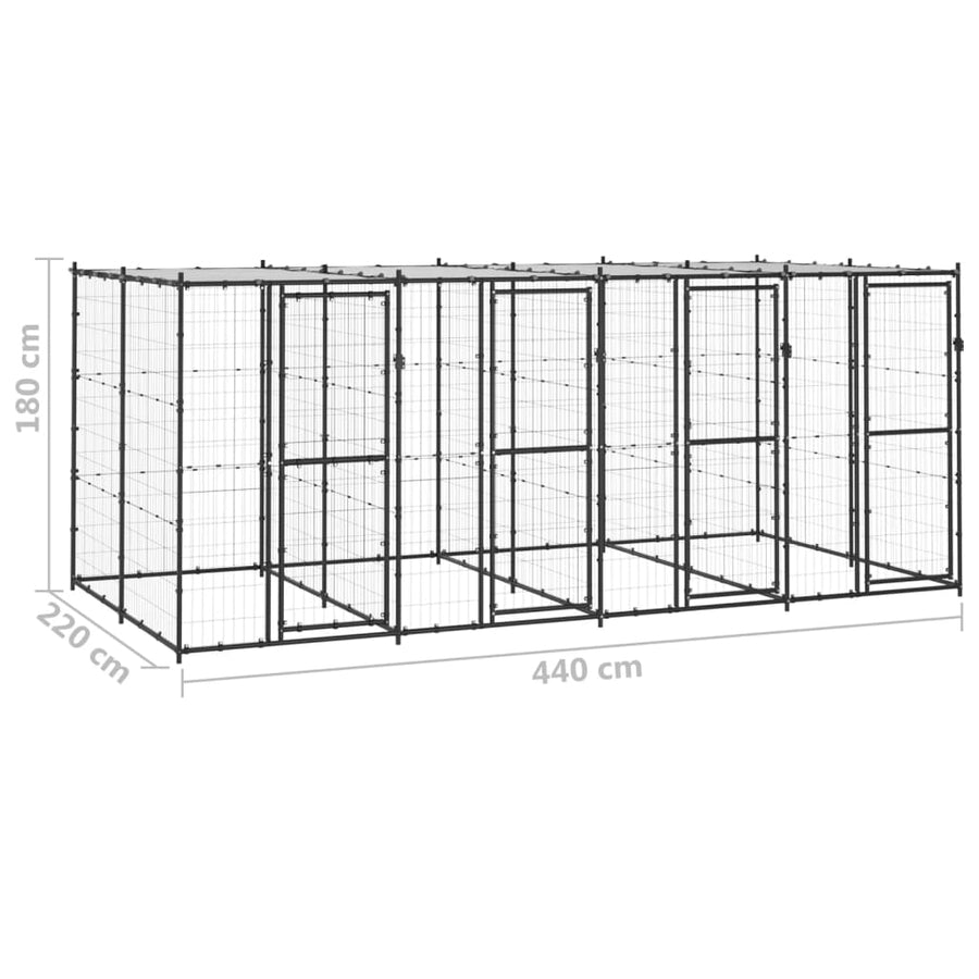 Hondenkennel Met Dak 9,68 M² Staal Zwart En Zilver 440 x 220 x 180 cm