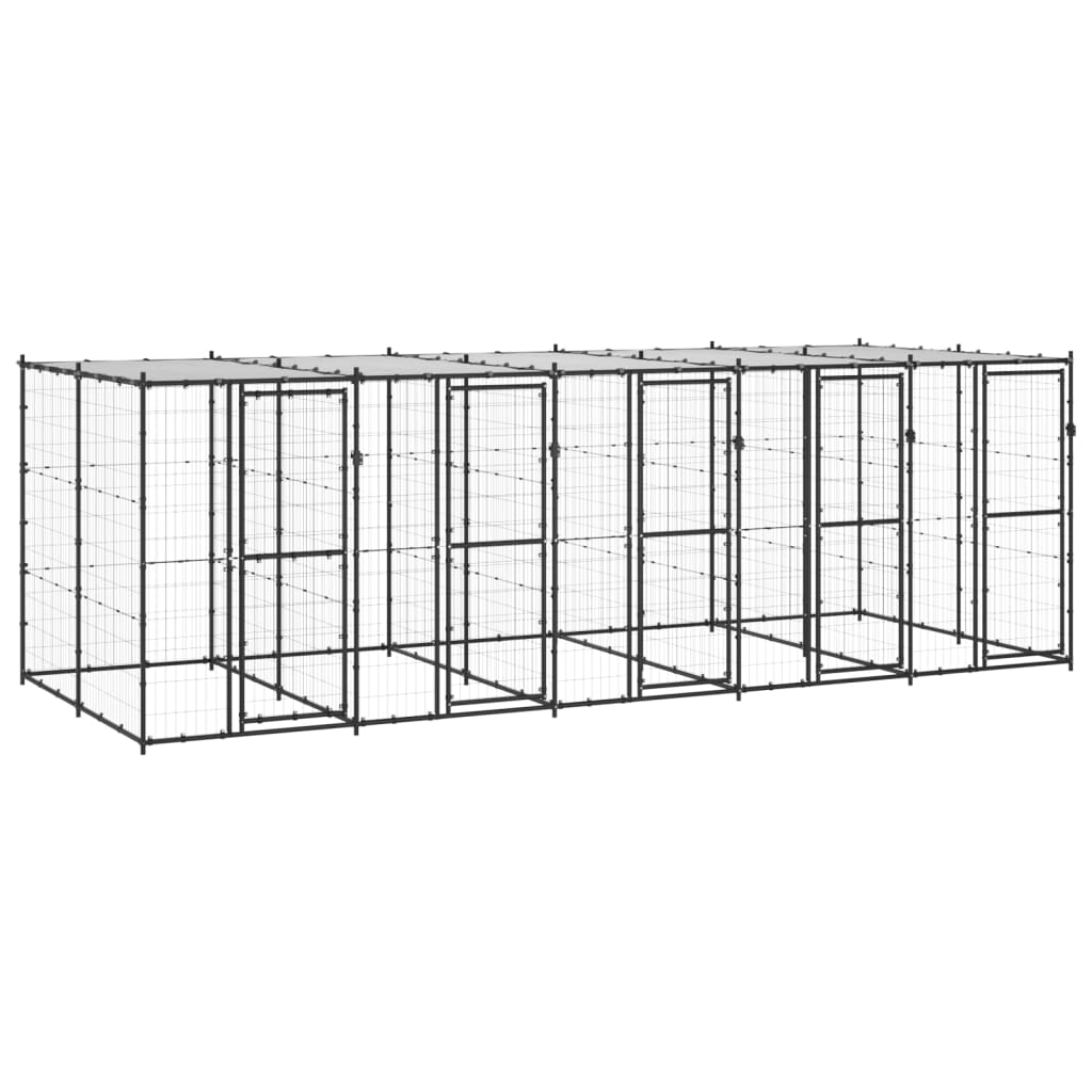 Hondenkennel Met Dak 12,1 M² Staal Zwart En Zilver 550 x 220 x 180 cm