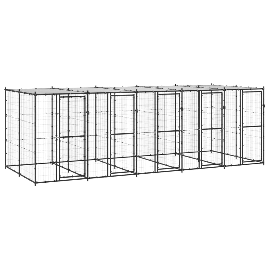 Hondenkennel Met Dak 12,1 M² Staal Zwart En Zilver 550 x 220 x 180 cm