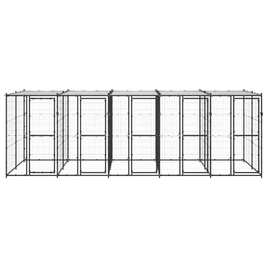 Hondenkennel Met Dak 12,1 M² Staal Zwart En Zilver 550 x 220 x 180 cm