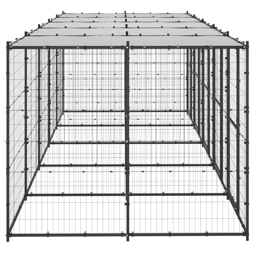 Hondenkennel Met Dak 12,1 M² Staal Zwart En Zilver 550 x 220 x 180 cm