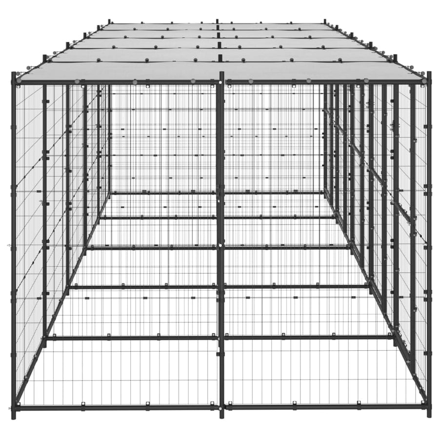 Hondenkennel Met Dak 12,1 M² Staal Zwart En Zilver 550 x 220 x 180 cm