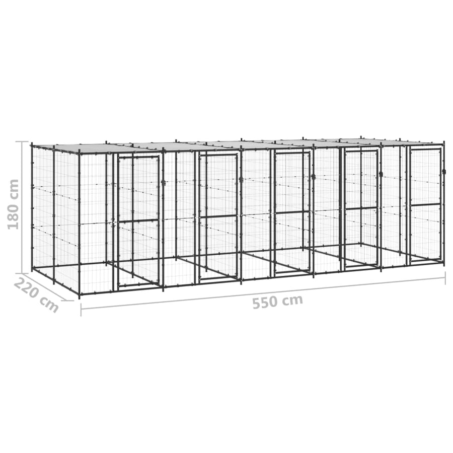 Hondenkennel Met Dak 12,1 M² Staal Zwart En Zilver 550 x 220 x 180 cm