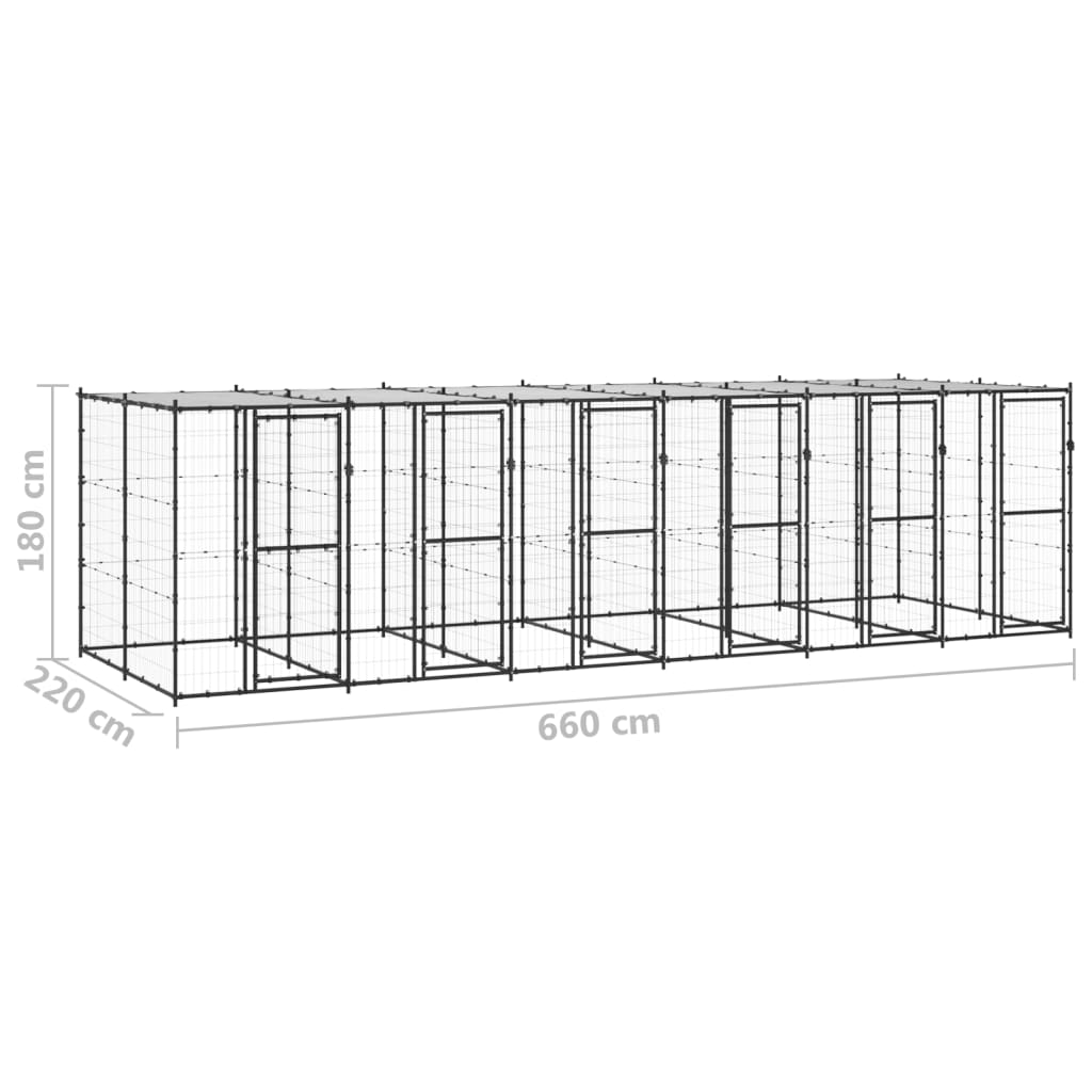 Hondenkennel Met Dak 14,52 M² Staal Zwart En Zilver 660 x 220 x 180 cm