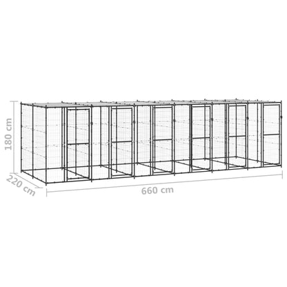 Hondenkennel Met Dak 14,52 M² Staal Zwart En Zilver 660 x 220 x 180 cm