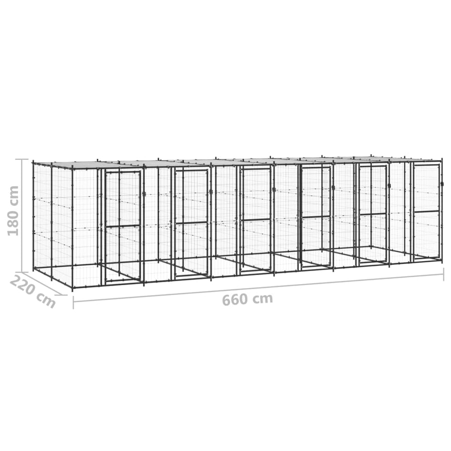 Hondenkennel Met Dak 14,52 M² Staal Zwart En Zilver 660 x 220 x 180 cm