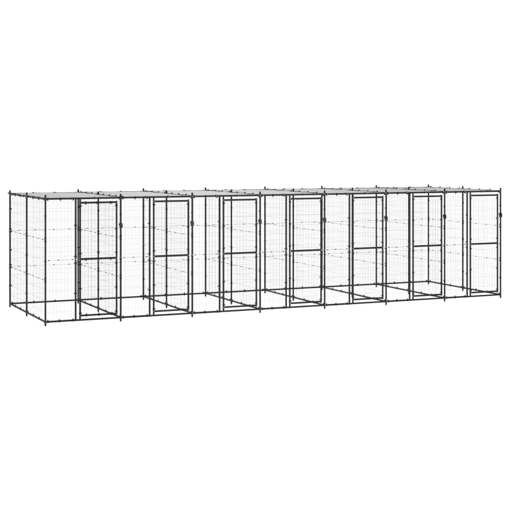 Hondenkennel Met Dak 16,94 M² Staal Zwart En Zilver 770 x 220 x 180 cm