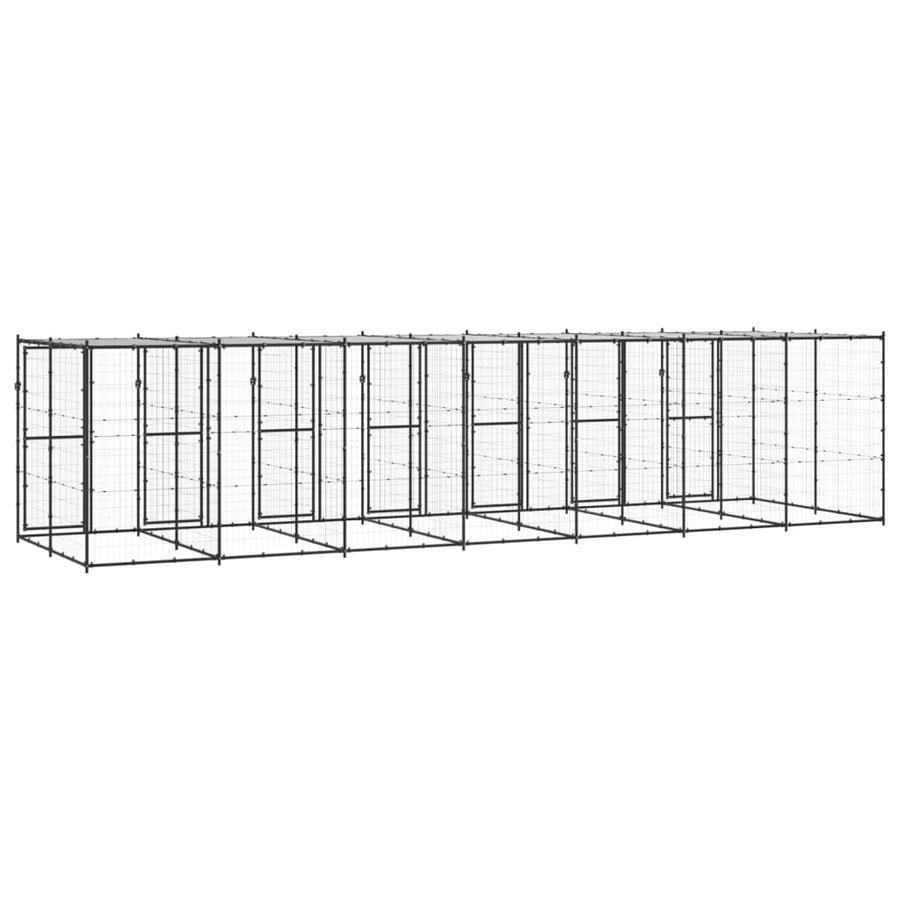 Hondenkennel Met Dak 16,94 M² Staal Zwart En Zilver 770 x 220 x 180 cm