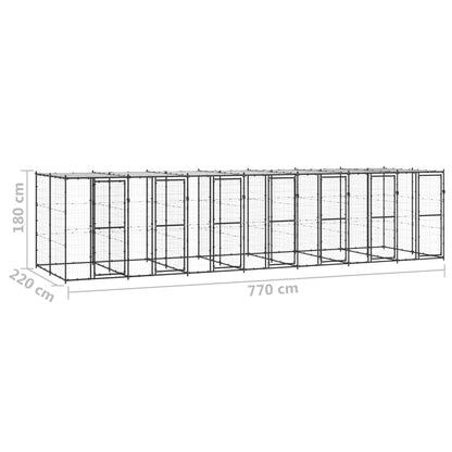 Hondenkennel Met Dak 16,94 M² Staal Zwart En Zilver 770 x 220 x 180 cm