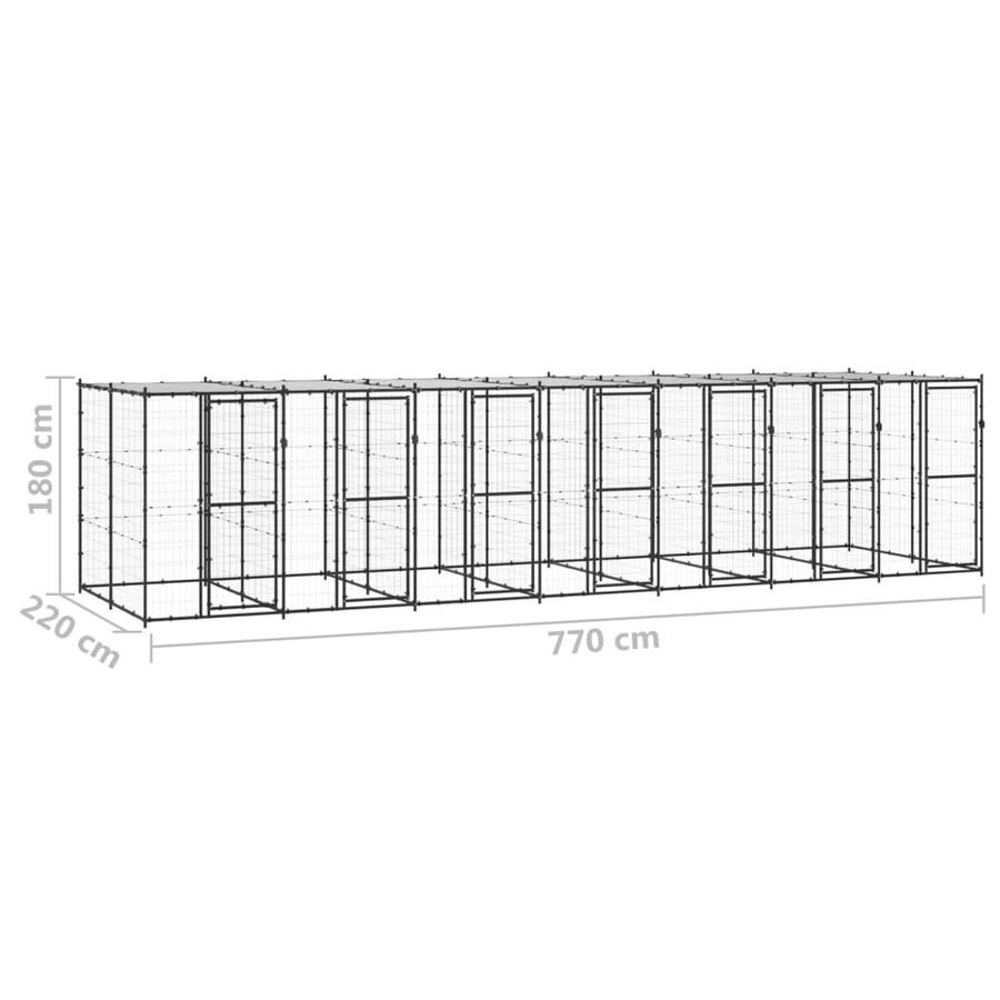 Hondenkennel Met Dak 16,94 M² Staal Zwart En Zilver 770 x 220 x 180 cm