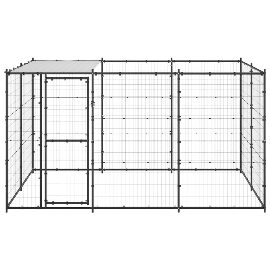 Hondenkennel Met Dak 7,26 M² Staal Zwart En Zilver 330 x 220 x 180 cm Ja