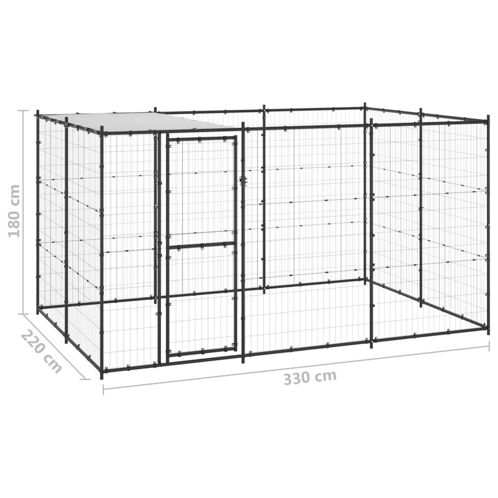 Hondenkennel Met Dak 7,26 M² Staal Zwart En Zilver 330 x 220 x 180 cm Ja