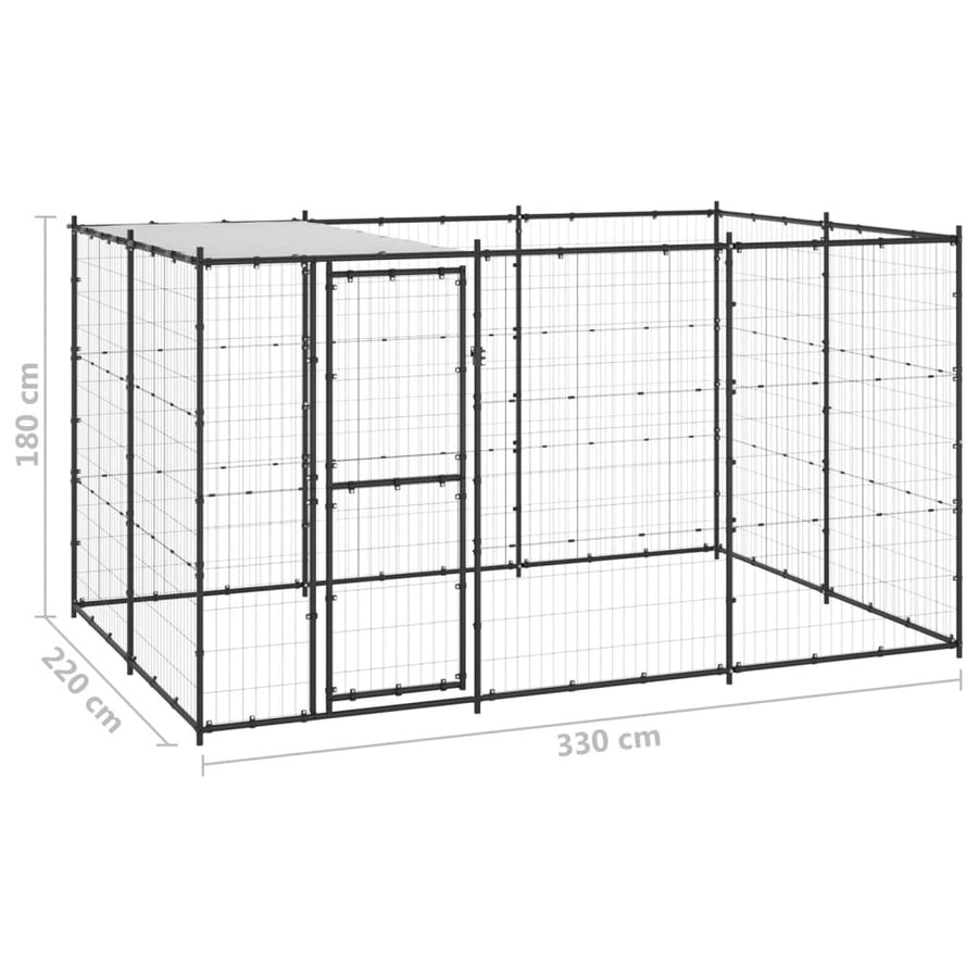 Hondenkennel Met Dak 7,26 M² Staal Zwart En Zilver 330 x 220 x 180 cm Ja