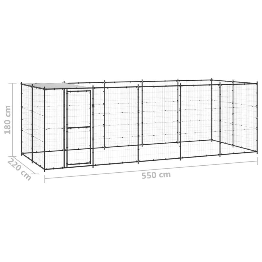 Hondenkennel Met Dak 12,1 M² Staal Zwart En Zilver 550 x 220 x 180 cm Ja