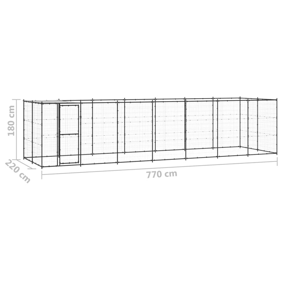 Hondenkennel Met Dak 16,94 M² Staal Zwart En Zilver 770 x 220 x 180 cm Ja