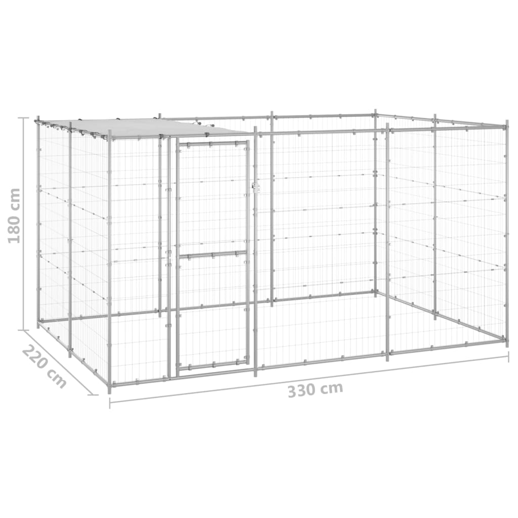 Hondenkennel met dak 7,26 m² gegalvaniseerd staal 330 x 220 x 180 cm Zilver Ja