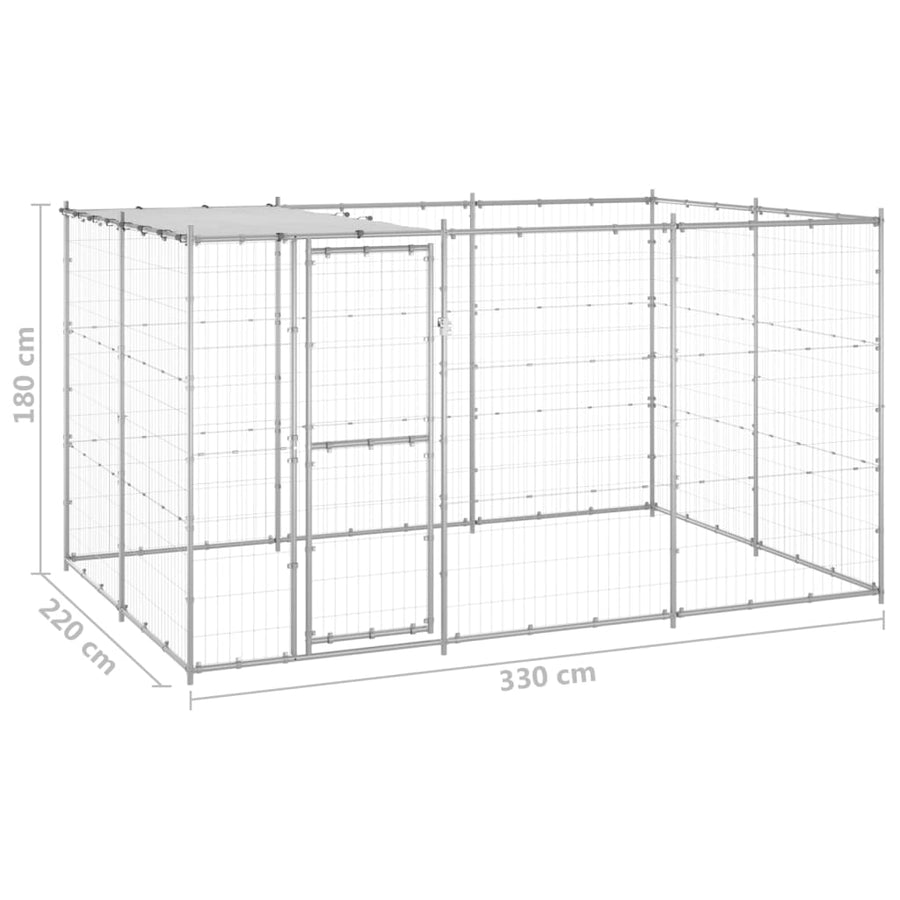 Hondenkennel met dak 7,26 m² gegalvaniseerd staal 330 x 220 x 180 cm Zilver Ja