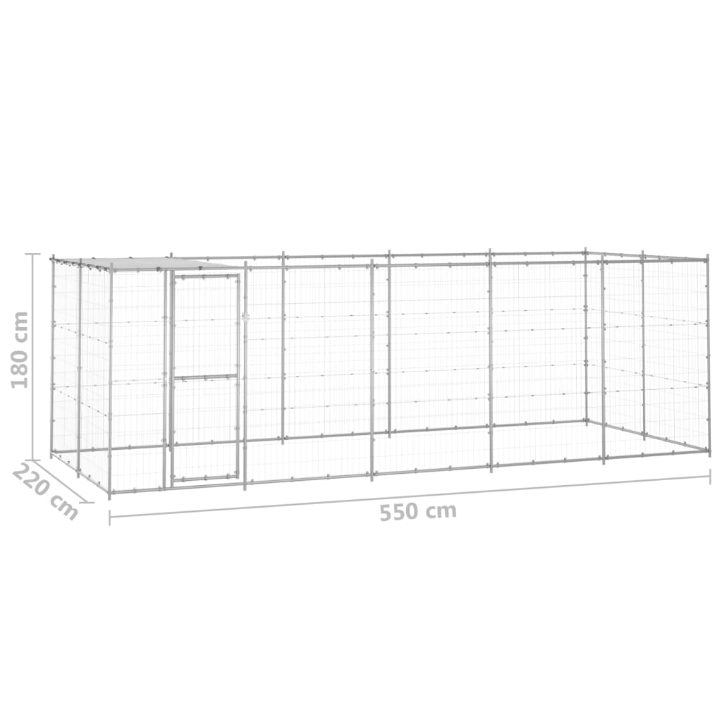 Hondenkennel Met Dak 12,1 M² Gegalvaniseerd Staal 550 x 220 x 180 cm Zilver Ja