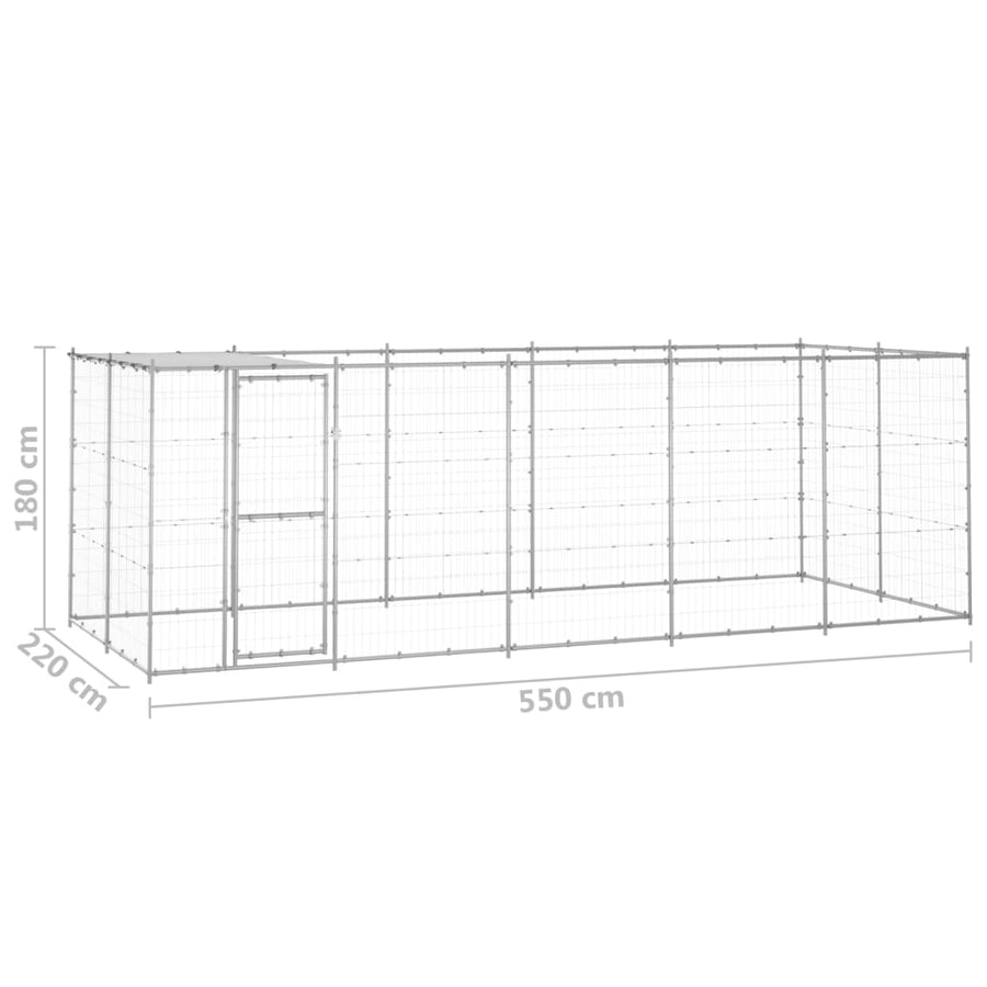Hondenkennel Met Dak 12,1 M² Gegalvaniseerd Staal 550 x 220 x 180 cm Zilver Ja