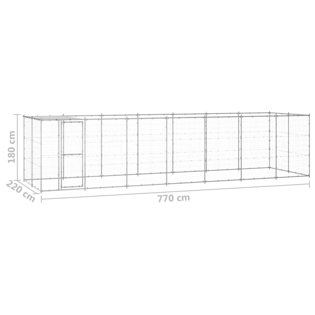 Hondenkennel met dak 16,94 m² gegalvaniseerd staal 770 x 220 x 180 cm Zilver Ja