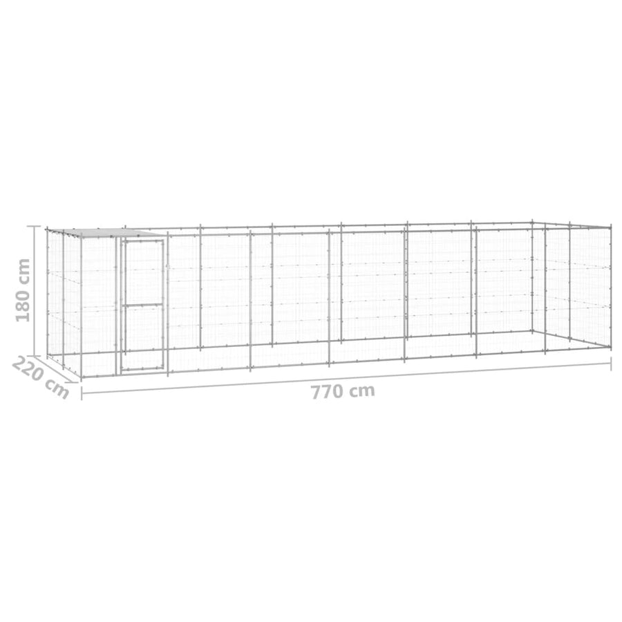 Hondenkennel met dak 16,94 m² gegalvaniseerd staal 770 x 220 x 180 cm Zilver Ja
