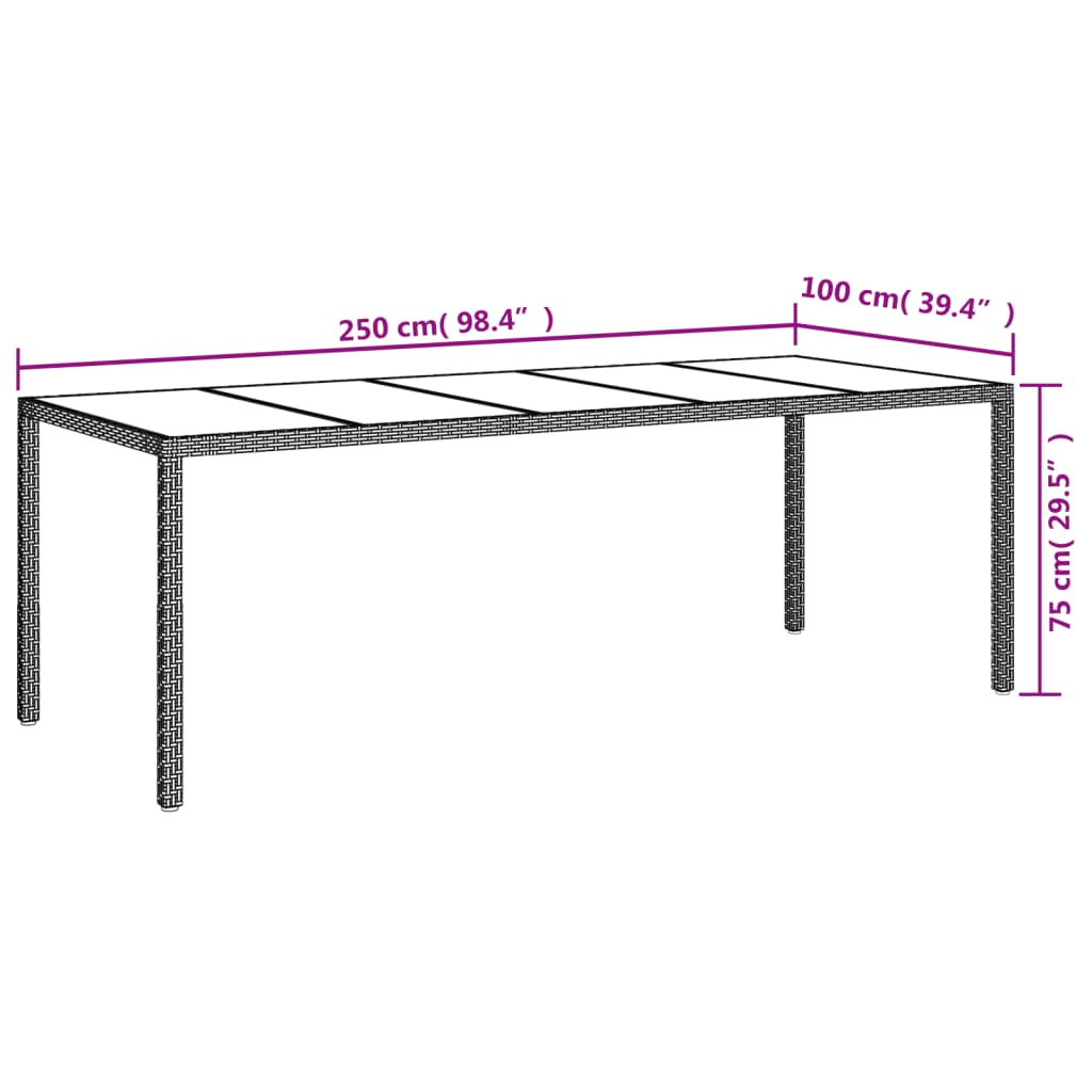 Tuintafel 250X00X75 Cm Gehard Glas En Poly Rattan Grijs