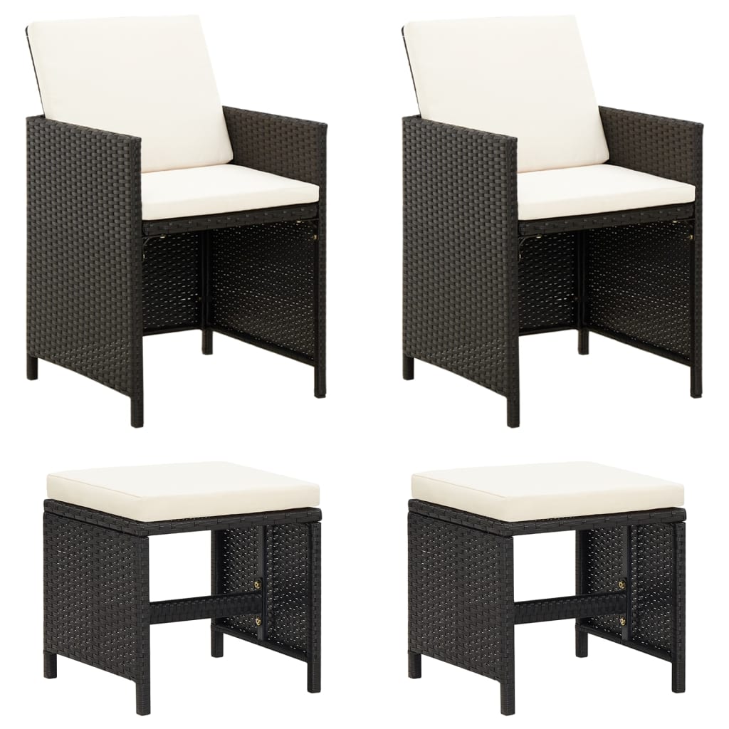 Tuinstoel- En Voetenbankset -Delig Poly Rattan Zwart en wit
