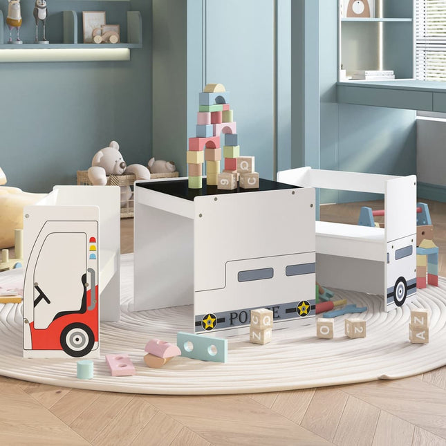 3-Delige Kindertafel- En Stoelenset Politieauto-Ontwerp Mdf Wit