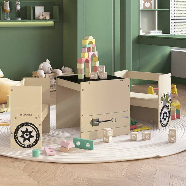 3-Delige Kindertafel- En Stoelenset Off-Road-Auto-Ontwerp Mdf Beige