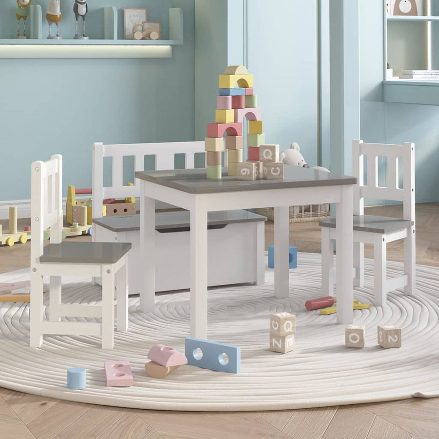 3-Delige Kindertafel- En Stoelenset Mdf Wit en grijs met bankje
