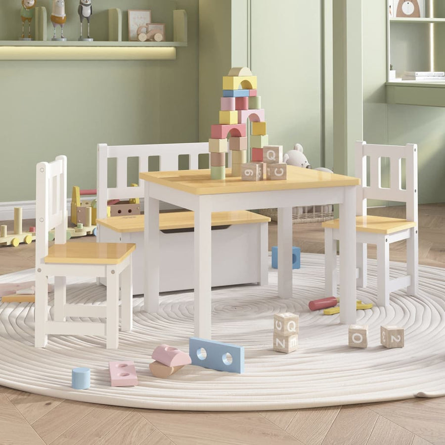 4-Delige Kindertafel- En Stoelenset Mdf wit en beige met bankje