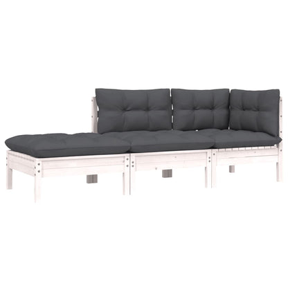 -Delige Loungeset Met Kussens Massief Grenenhout 3 Wit hoek + midden + voetensteun