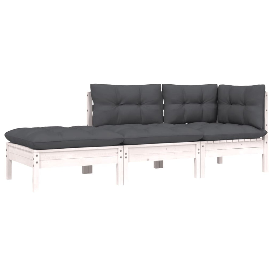 -Delige Loungeset Met Kussens Massief Grenenhout 3 Wit hoek + midden + voetensteun