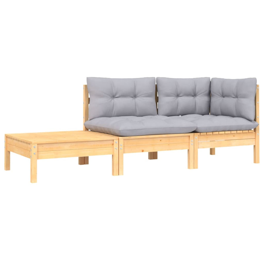 -Delige Loungeset Met Grijze Kussens Massief Grenenhout 3 Bruin en grijs hoek + midden + Tafel