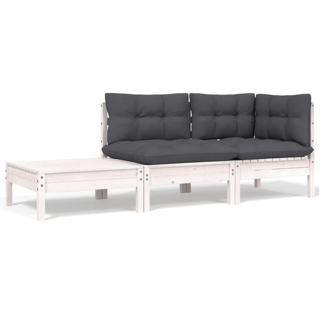 -Delige Loungeset Met Kussens Massief Grenenhout 3 Wit hoek + midden + Tafel